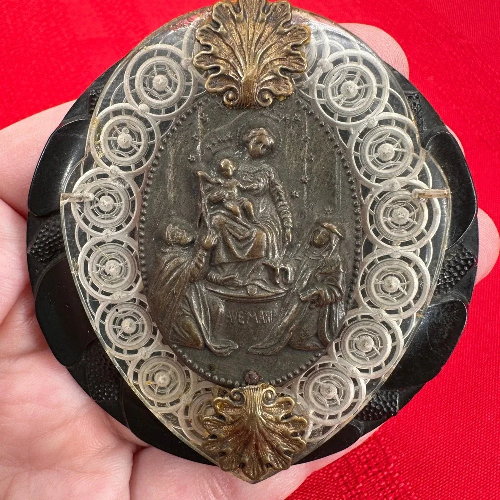 VTG 2 Handmade Religious Brooch/Necklace Ave‎ Maria Madonna Child Cross Filigree